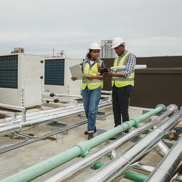 Two engineers with yellow vests and hard hats conduct site inspection